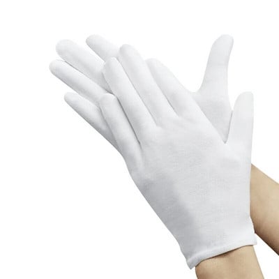 1 чифта нови пълни пръсти Мъже Жени Етикет Бели памучни ръкавици Сервитьори/Шофьори/Бижута/Работнически ръкавици Ръкавици за абсорбиране на потта