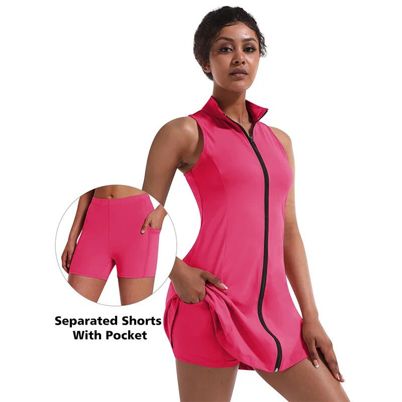 CUGOAO 2tk Moodne tenniseülikond lühikeste pükstega naistele Varrukateta tõmblukuga golfikleidide komplekt Outdoor Fitness Spordirõivad