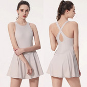 Rochie de tenis de vară pentru femei, culoare solidă, super elastică, sexy, pentru spate, rochie de gimnastică, haine scurte, respirabile, pentru antrenament.