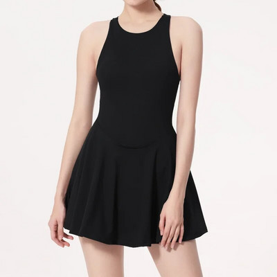 Rochie de tenis de vară pentru femei, culoare solidă, super elastică, sexy, pentru spate, rochie de gimnastică, haine scurte, respirabile, pentru antrenament.