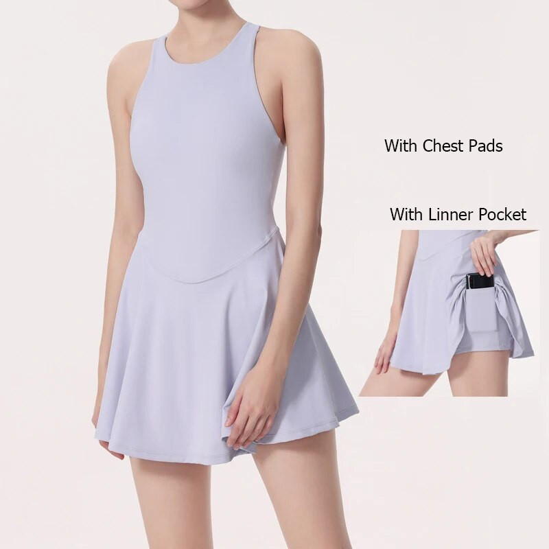 Moteriška vasarinė teniso suknelė vientisos spalvos Super elastinga seksuali nugara gimnastikos suknelė Moteriška kvėpuojanti trumpi sportiniai drabužiai treniruotėms