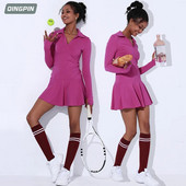 Rochie de tenis dintr-o bucată sport pentru femei Nude Fitness cu mânecă lungă cu gât înalt Fusta sportivă de badminton Rochie de tenis pentru femei