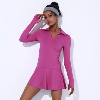 Rochie de tenis dintr-o bucată sport pentru femei Nude Fitness cu mânecă lungă cu gât înalt Fusta sportivă de badminton Rochie de tenis pentru femei