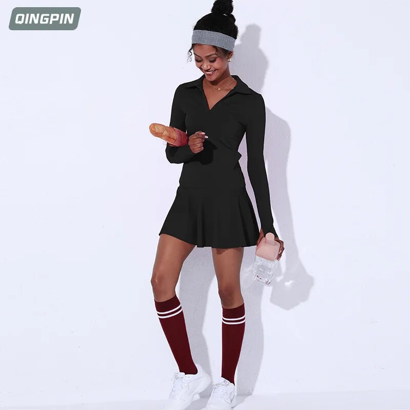 Γυναικείο αθλητικό μονοκόμματο φόρεμα τένις γυμνό γυμναστήριο με ψηλό λαιμό μπάντμιντον αθλητική φούστα τένις Γυναικείο φόρεμα