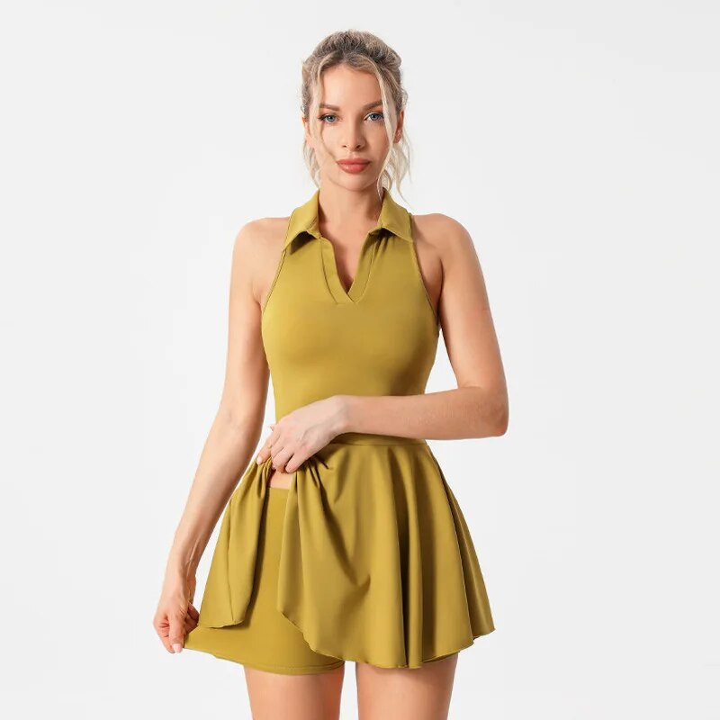 Φόρεμα τένις πόλο με επιθέματα στήθους και σορτς Μαλακά ψηλά ελαστικά φούστες γυμναστικής Φούστες γιόγκα γυμναστικής Ενδύματα