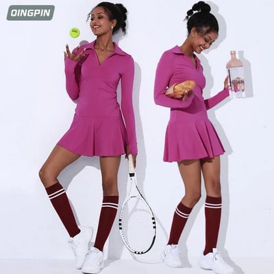 Women`s Sports One Piece Tennis Dress Nude Fitness Long Sleeve High Neck Badminton Sports Skirt Tennis Dress Women