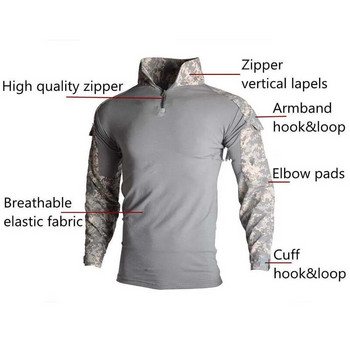 HAN WILD Army Combat T Shirt Мъжка тактическа тениска с дълъг ръкав Safari Camo Cotton Military Shirt Ловни дрехи Airsoft тениски