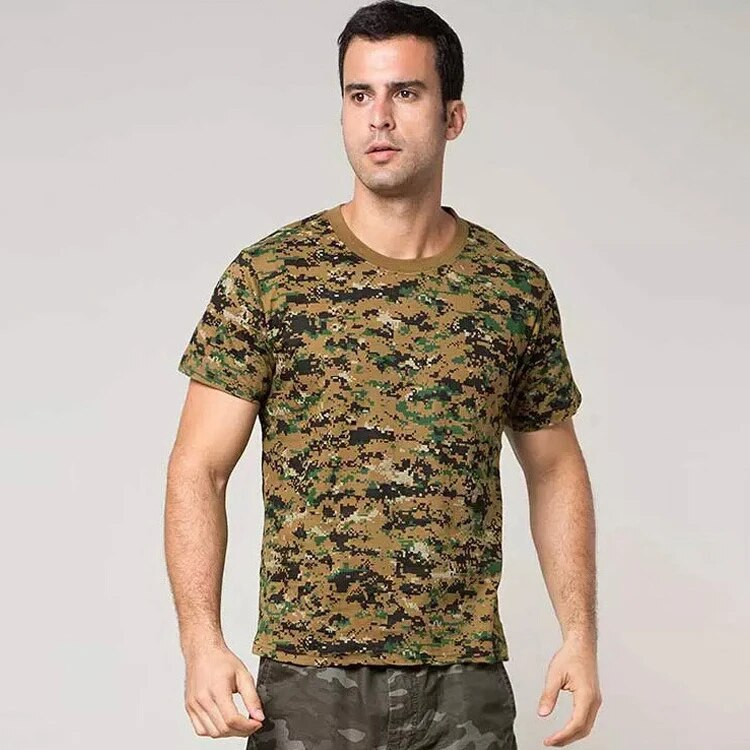 Välisvõitluse särk Lühikeste varrukatega puuvillane T-särk Taktikaline sõjariietus Kamuflaaž Ümarkaelus hingav Airsoft T-särk Mees