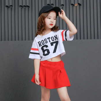 Момическа модна хип-хоп пола Червени ризи за състезание по бални танци Детски изрязан топ Танцуващ костюм Тоалети за джаз представления