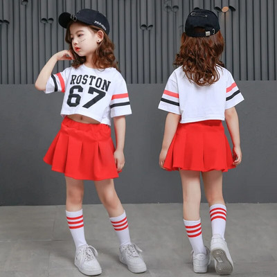 Girls Fashion Hip Hop Skirt Red Ballroom Dance Competition Shirts Kids Crop Top Dancing Costume Jazz Performance Shows Outfits