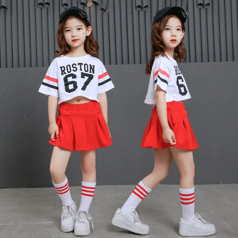 Meiteņu modes hiphopa svārki Sarkani balles deju konkursa krekli Bērniem Crop Top deju kostīmi Džeza priekšnesumu šovi tērpi