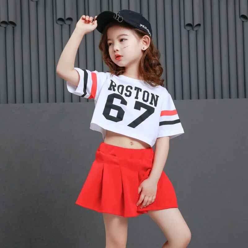 Meiteņu modes hiphopa svārki Sarkani balles deju konkursa krekli Bērniem Crop Top deju kostīmi Džeza priekšnesumu šovi tērpi