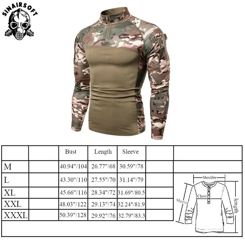 SINAIRSOFT Στρατιωτικό ανδρικό μπλουζάκι τακτικής παραλλαγής μακρυμάνικο βαμβακερό αναπνεύσιμο πουκάμισα κυνηγιού μάχης Εκπαίδευση σε εξωτερικό χώρο M-3XL