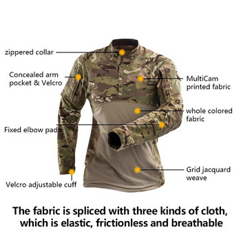 Тактическа риза с дълъг ръкав, камуфлажна еърсофт бойна риза за спорт на открито, черна MultiCam Camo
