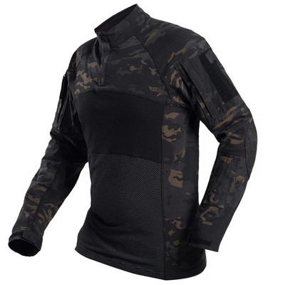 Cămașă tactică Top cu mânecă lungă Camo Airsoft Cămașă de luptă pentru sport în aer liber Camo multicam negru