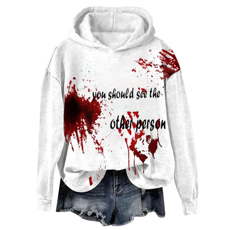 Női véres mintás bő kapucnis hosszú ujjú pulóver felső tunika pulóver ruha női