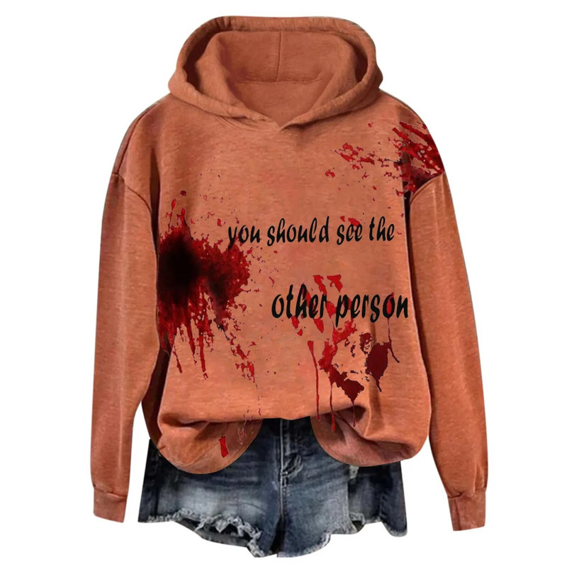 Női véres mintás bő kapucnis hosszú ujjú pulóver felső tunika pulóver ruha női