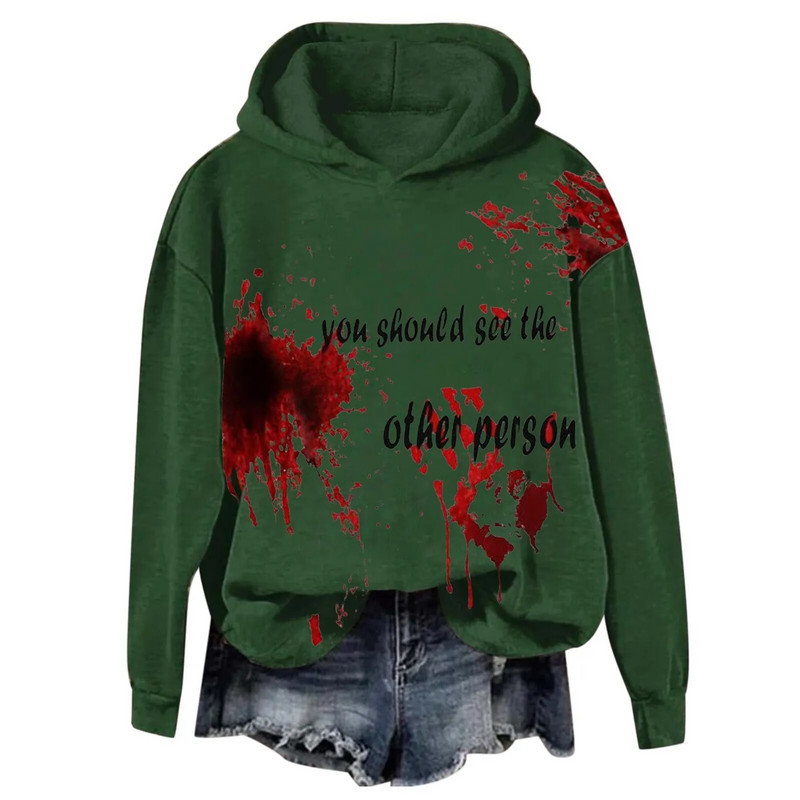 Női véres mintás bő kapucnis hosszú ujjú pulóver felső tunika pulóver ruha női