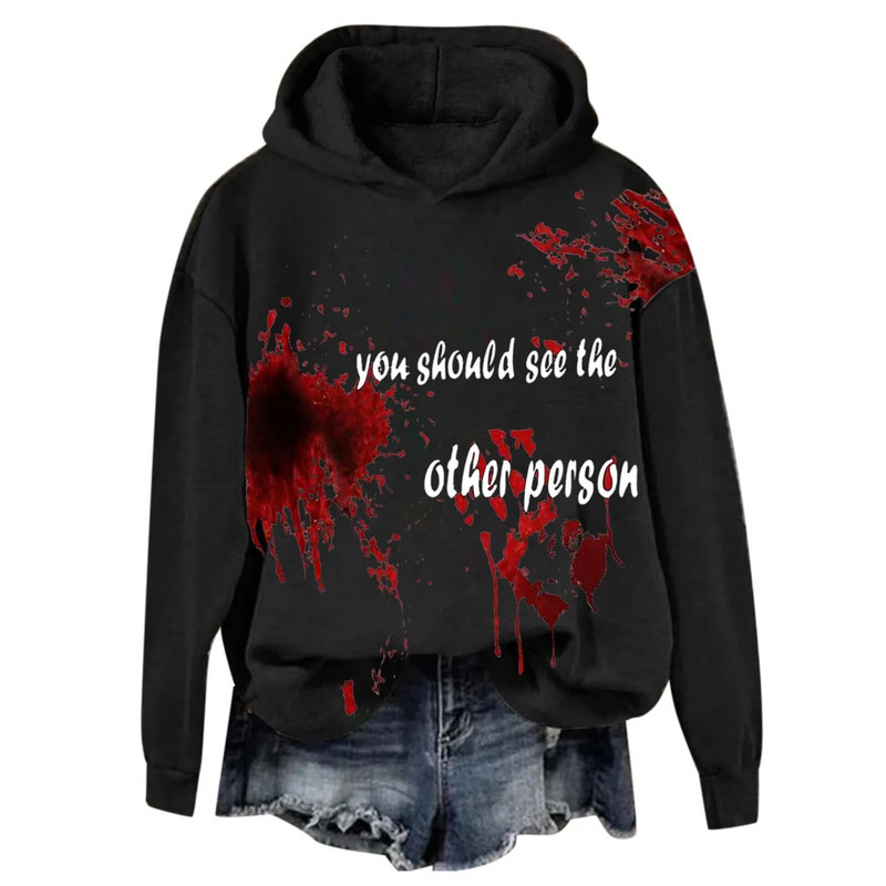 Női véres mintás bő kapucnis hosszú ujjú pulóver felső tunika pulóver ruha női