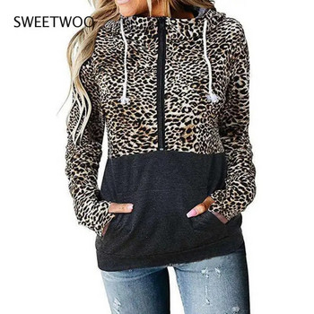 Moteriški laisvalaikio marškinėliai su leopardo raštu su gobtuvu su užtrauktuku ilgomis rankovėmis megztiniai su kišenėmis rudens žiemos susiuvimu Moteriški megztiniai