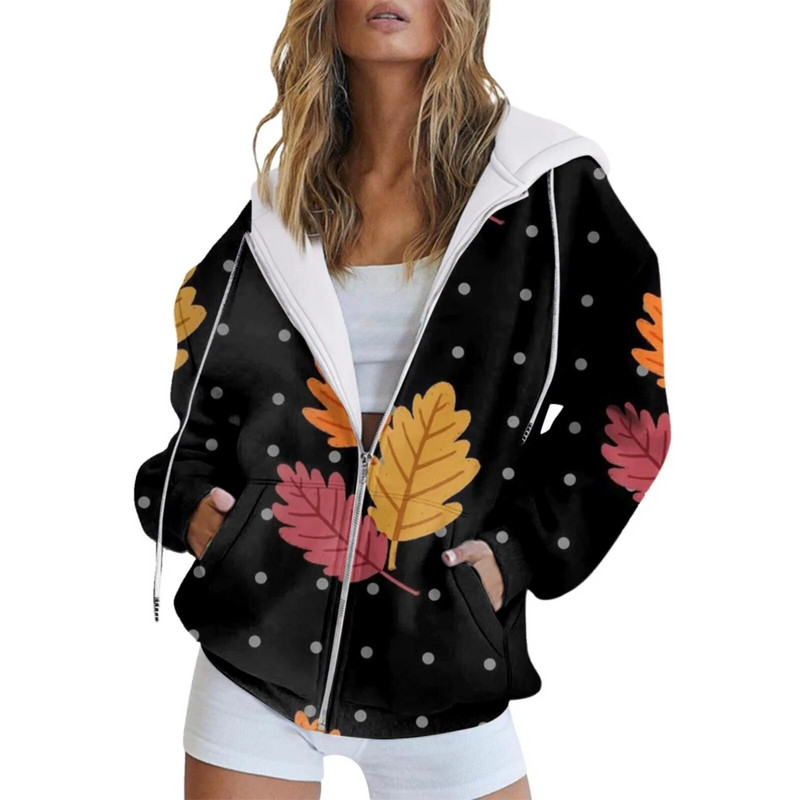 Mada rudens ir žiemos moliūgų lapais marginti laisvalaikio kišeniniai ilgomis rankovėmis raišteliais su gobtuvu striukė su užtrauktuku Moteriški paprasti gobtuvai