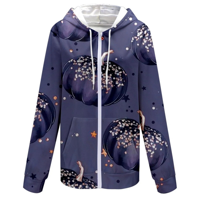 Mada rudens ir žiemos moliūgų lapais marginti laisvalaikio kišeniniai ilgomis rankovėmis raišteliais su gobtuvu striukė su užtrauktuku Moteriški paprasti gobtuvai