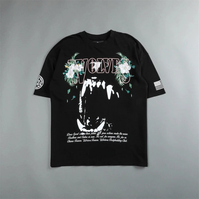 WOLVES SHE Skull Flower Print T-särk Naiste Hip Hop Tänavarõivad T-särgid Suvised puuvillased T-särgid Unisex lühikeste varrukatega T-särgid Topid