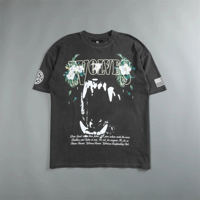 WOLVES SHE Skull Flower Print T-särk Naiste Hip Hop Tänavarõivad T-särgid Suvised puuvillased T-särgid Unisex lühikeste varrukatega T-särgid Topid