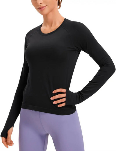 CRZ YOGA rudens žiemos moteriški besiūliai briaunoti treniruočių marškinėliai ilgomis rankovėmis Greitai džiūstantys sporto salės sportiniai viršutiniai marškinėliai, kvėpuojantys bėgimo marškinėliai