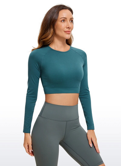 CRZ YOGA sügistalvised õmblusteta pikkade varrukatega särgid naistele soonikuga treeningtopid Athletic Crop Tops Kärbitud jooksujõusärgid