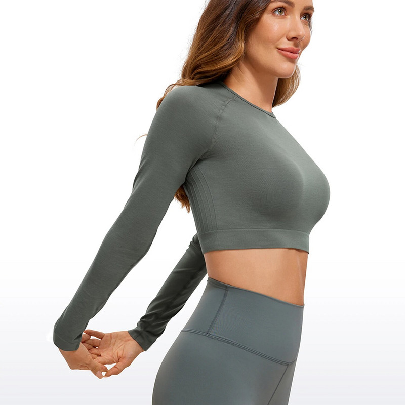 CRZ YOGA sügistalvised õmblusteta pikkade varrukatega särgid naistele soonikuga treeningtopid Athletic Crop Tops Kärbitud jooksujõusärgid