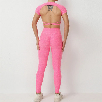 2024 Pad Hollow BackTee Crop μπλουζάκια Γυναικεία κοντομάνικα μπλουζάκια γιόγκα Fitness Workout Κορυφαία ρούχα γυμναστικής Αθλητικά μπλουζάκια για τρέξιμο