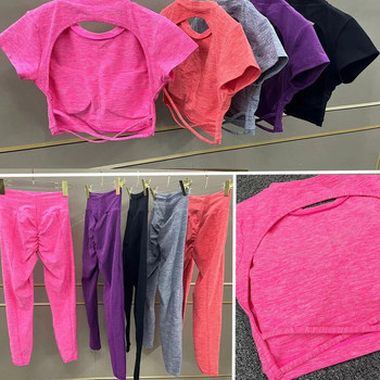 2024 Pad Hollow BackTee Crop μπλουζάκια Γυναικεία κοντομάνικα μπλουζάκια γιόγκα Fitness Workout Κορυφαία ρούχα γυμναστικής Αθλητικά μπλουζάκια για τρέξιμο