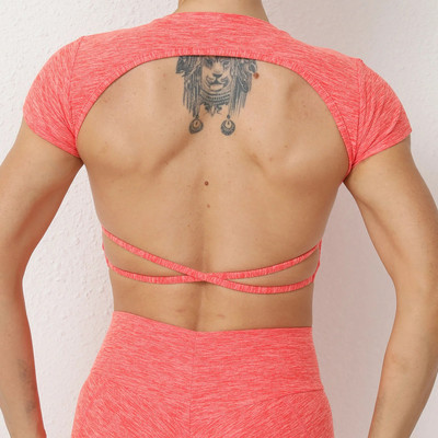 2024 Pad Hollow BackTe Crop Tops Naiste lühikeste varrukatega joogasärk Fitness Treening Top Jõusaaliriided Spordirõivad Jooksu T-särgid