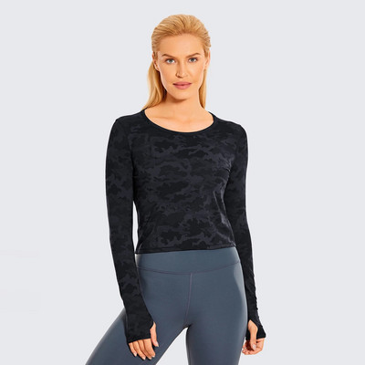 SYROKAN Γυναικεία μακρυμάνικα αθλητικά πουκάμισα για προπόνηση γιόγκα Crop Top με τρύπα για τον αντίχειρα