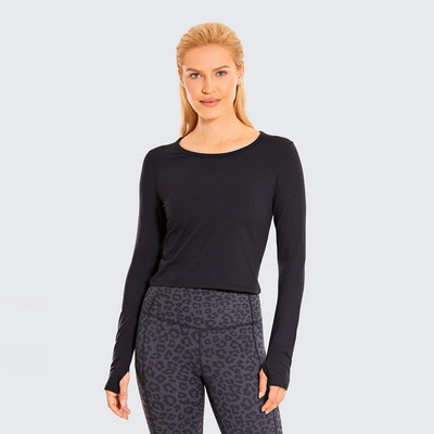 SYROKAN Γυναικεία μακρυμάνικα αθλητικά πουκάμισα για προπόνηση γιόγκα Crop Top με τρύπα για τον αντίχειρα