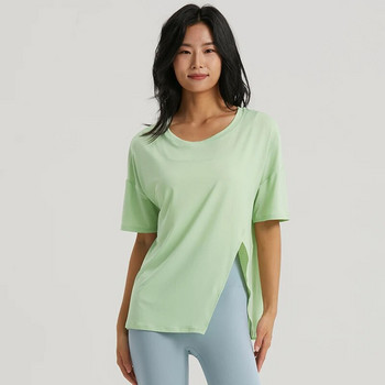 DANCEFISH 2023 Γυναικείο κοντομάνικο μπλουζάκι Cool Feeling Fabric Split στο πλάι Χαλαρά αθλητικά ρούχα Καθημερινή γυμναστική Walk Κομψά μπλουζάκια γιόγκα