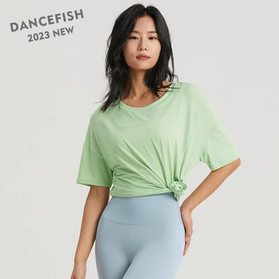 DANCEFISH 2023 Γυναικείο κοντομάνικο μπλουζάκι Cool Feeling Fabric Split στο πλάι Χαλαρά αθλητικά ρούχα Καθημερινή γυμναστική Walk Κομψά μπλουζάκια γιόγκα