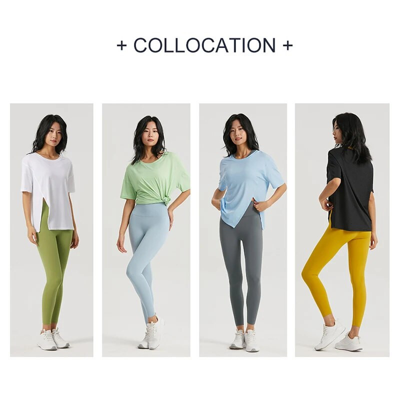 DANCEFISH 2023 Γυναικείο κοντομάνικο μπλουζάκι Cool Feeling Fabric Split στο πλάι Χαλαρά αθλητικά ρούχα Καθημερινή γυμναστική Walk Κομψά μπλουζάκια γιόγκα