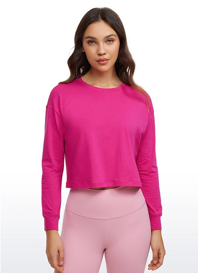 CRZ YOGA naiste Pima puuvillased pikkade varrukatega treeningsärgid lahtised sportlikud joogatopid Basic Casual Fall Crop särk