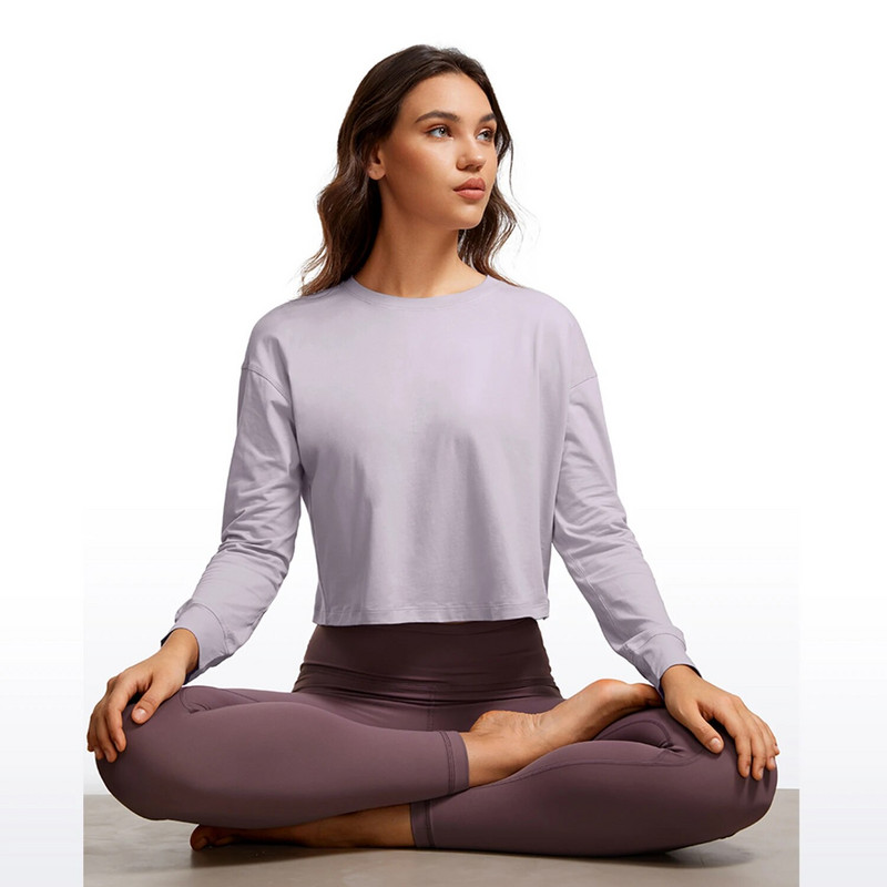 CRZ YOGA naiste Pima puuvillased pikkade varrukatega treeningsärgid lahtised sportlikud joogatopid Basic Casual Fall Crop särk