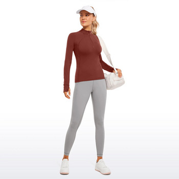 CRZ YOGA Дамски пуловерни ризи с дълъг ръкав с половин цип Slim Fit тренировъчни йога спортни горнища с дупки за палци