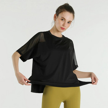 Vnazvnasi Дамски тренировъчни спортни топове Свободна блуза за бягане Тениска Мрежести спортни ризи с къс ръкав Фитнес йога Дамски големи размери