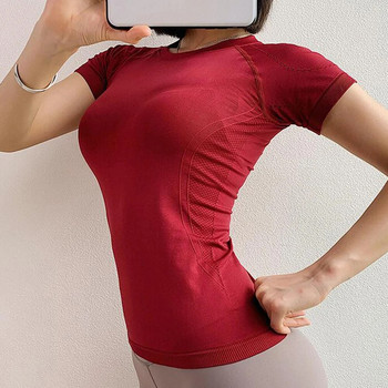 Γυναικείο μπλουζάκι με στρογγυλή λαιμόκοψη στο δρόμο για τρέξιμο γρήγορα με κοντομάνικο αθλητικό κολάν Δίχτυ κόκκινο ήταν λεπτό σέξι ρούχα γιόγκα γυμναστικής