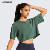 SYROKAN Sieviešu Pima Cotton Workout Crop Topi ar īsām piedurknēm skriešanas T-krekli Ikdienas Athletic T-krekli
