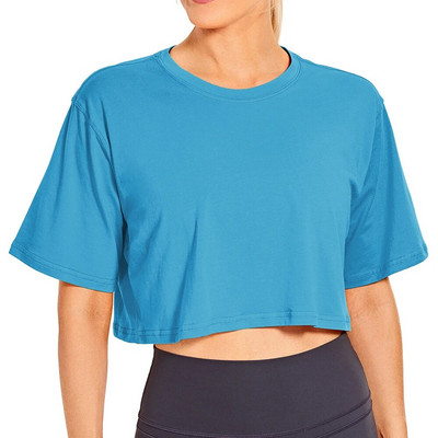 SYROKAN Sieviešu Pima Cotton Workout Crop Topi ar īsām piedurknēm skriešanas T-krekli Ikdienas Athletic T-krekli