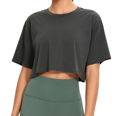 SYROKAN Sieviešu Pima Cotton Workout Crop Topi ar īsām piedurknēm skriešanas T-krekli Ikdienas Athletic T-krekli