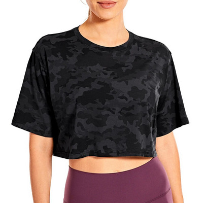 SYROKAN Sieviešu Pima Cotton Workout Crop Topi ar īsām piedurknēm skriešanas T-krekli Ikdienas Athletic T-krekli