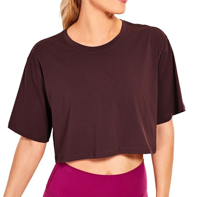 SYROKAN Sieviešu Pima Cotton Workout Crop Topi ar īsām piedurknēm skriešanas T-krekli Ikdienas Athletic T-krekli