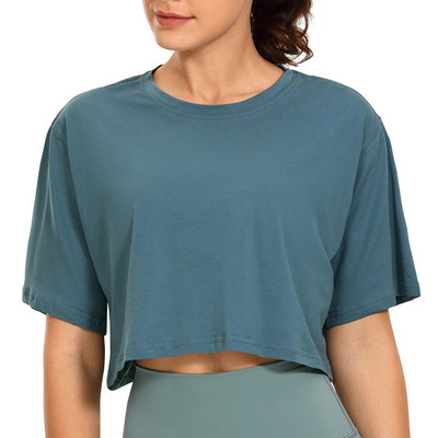 SYROKAN Sieviešu Pima Cotton Workout Crop Topi ar īsām piedurknēm skriešanas T-krekli Ikdienas Athletic T-krekli
